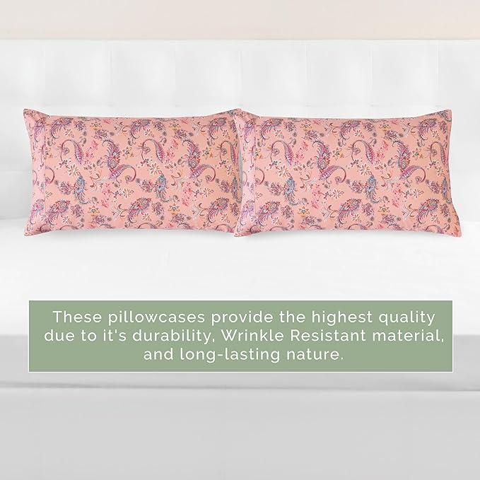 Elegant Comfort Ultra Soft Set of 2 Floral Print Pillowcases - 1500 Premium Hotel Quality Microfiber, Soft and Smooth Envelope Closure 2-Piece Pillow Covers - King, Paisley Coral