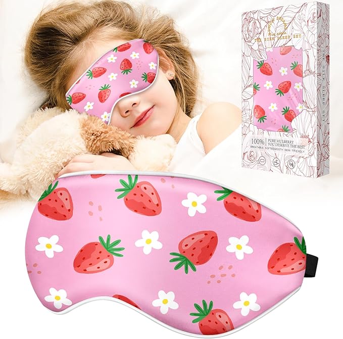 Miss Adola Sleep Mask for Kids - Silk Eye Mask for Sleeping Cute Cartoon Kids Sleep Mask for Boys Girls Teens Soft Smooth Adjustable Straps Silk Kids Eye Cover, Strawberry