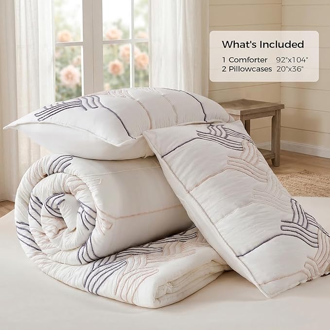 UNIKOME King Size Comforter Set White - Luxury Rope Embroidery Ultra Soft Lightweight Warm Bedding Set for All Seasons, 3 Pieces Down Alternative Bed Set with Comforter, 2 Pillowcases