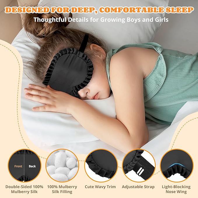 Kids Sleep Mask Eye Cover, 100% Real Mulberry Silk Sleep Mask with Adjustable Strap, Kids Blindfold for Sleeping, Boys Girls Eye Shade for Ages 5+, Soft and No Pressure (Black)