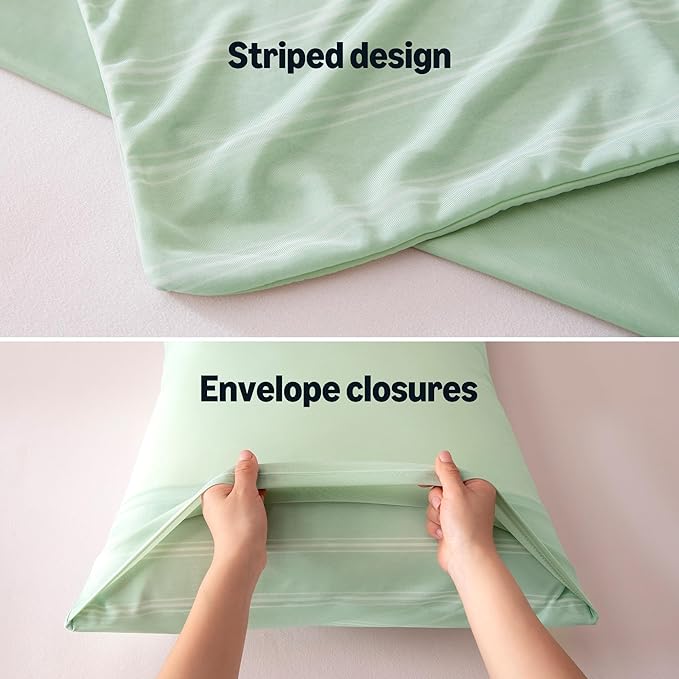 Amazon Basics Stripe Cooling Pillow Cases for Hot Sleepers, Soft Cooling Pillow Covers with Envelope Closure, 20" x 30", Queen, Aloe Green, Pack of 2