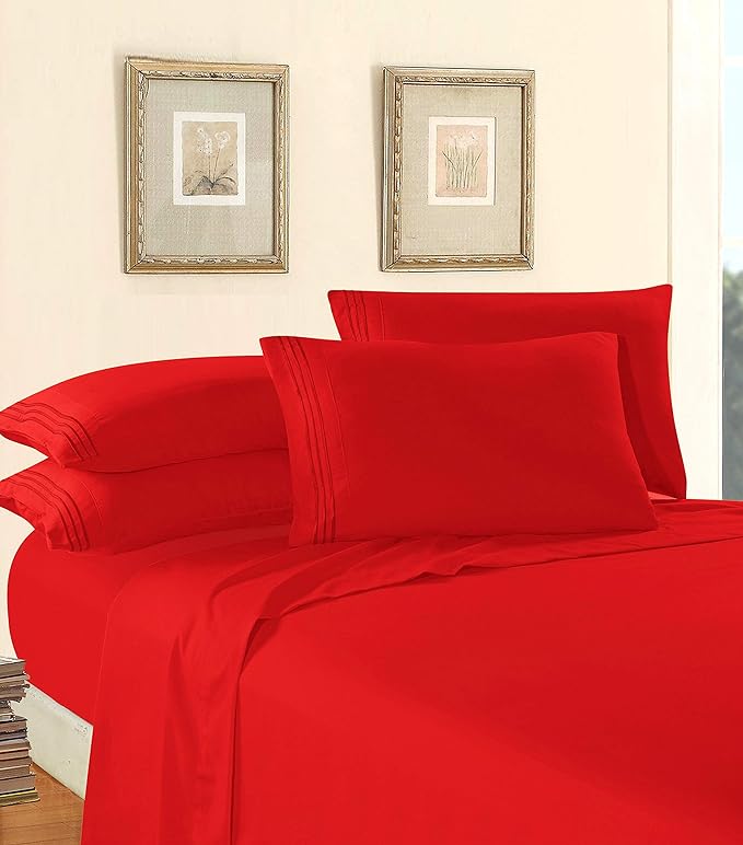 Elegant Comfort Luxury 1500 Premium Hotel Quality Microfiber 4-Piece Sheet Set - Wrinkle Resistant, All Around Elastic Fitted Sheet, Deep Pocket up to 16", Twin/Twin XL, Red