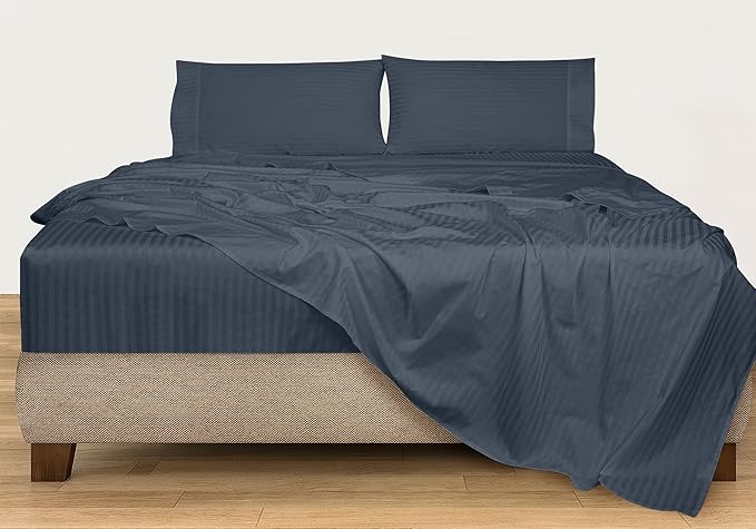 ROYALE LINENS 300 Thread Count 100% Long Staple Combed Cotton Printed Sheet Set - 4 Piece Full Bed Sheets - 1 Fitted, 1 Flat, 2 Pillow Cases -Soft Cool & Crisp Sheet Set (Full, Stripe Navy)