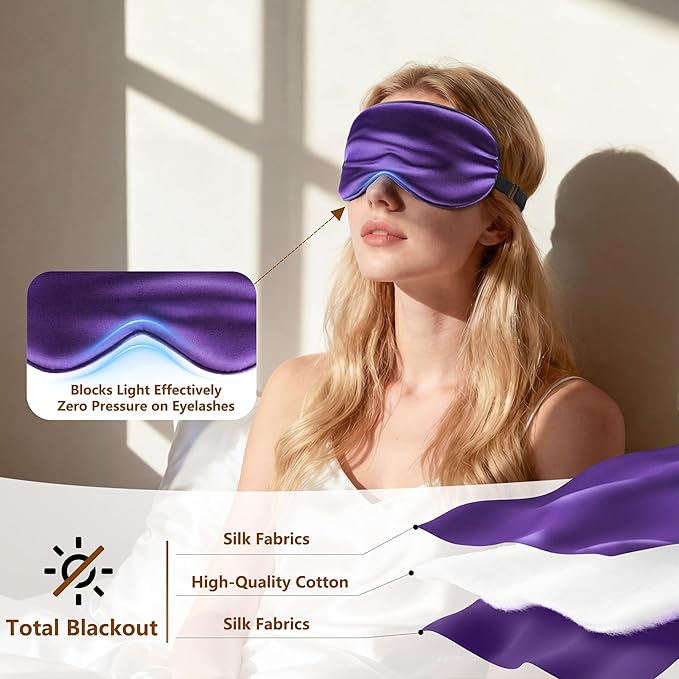 Sleep Mask Silk Eye Mask for Men Sleeping Mask, Adjustable Elastic Strap for Night Shading Sleep Mask, Soft and Comfortable for Both Men and Women (Purple, 2 Packs)