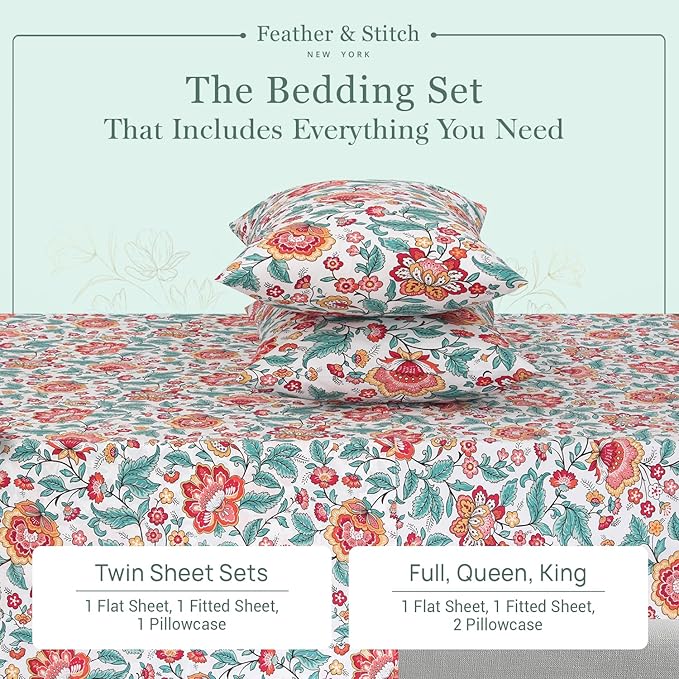 Feather & Stitch Softest 100% Cotton Sheets, 300 Thread Count Percale Weave Bedding, 16" Deep Pocket, Cooling Sheets, Breathable Bed Set, Hotel Premium Quality (Twin, Vintage Garden)