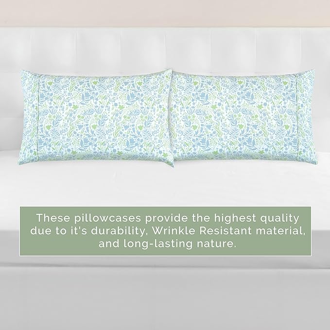 Elegant Comfort Ultra Soft Set of 2 Floral Print Pillowcases - 1500 Premium Hotel Quality Microfiber, Soft and Smooth Envelope Closure 2-Piece Pillow Covers - Standard/Queen, Green Anita