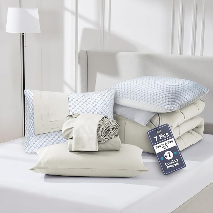 Nestl 9 Piece California King Comforter Set – Linen Reversible Bed in a Bag – Complete Cal King Size Bedding Set with Sheets, Set of 2 Cooling Pillows, Pillowcases and Shams