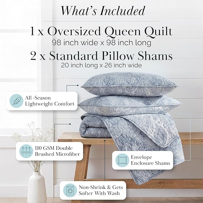 Southshore Fine Living, Inc. Paisley Quilt Queen Size Bedding Set, Full Size Quilted Coverlet, Boho Bedspreads Queen Size Set with Two Matching Pillow Shams, Full/Queen, Reversible Blue