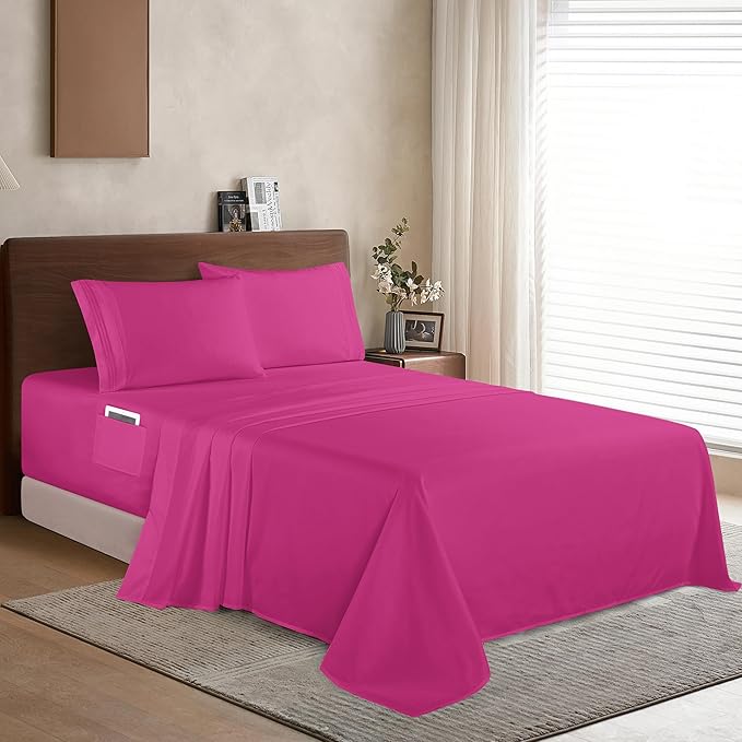 Elegant Comfort Luxury 1500 Premium Hotel Quality Microfiber 4-Piece Sheet Set - Soft, All Around Elastic 18-24 Inches Deep Fitted Sheet - Extra Deep Pocket Sheets, California King, Hot Pink