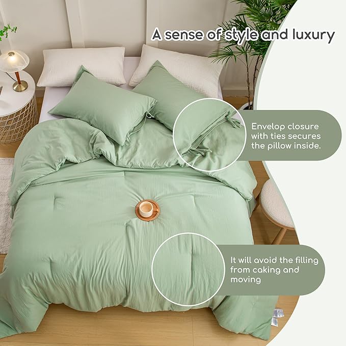 Sage Green Full Size Comforter Set, Super Soft Boho Plush Washed Polycotton Fabric, Cozy Comfy Down Alternative Bedding Blanket Comforter & Pillowcase Lightweight but Warm for All Season Use