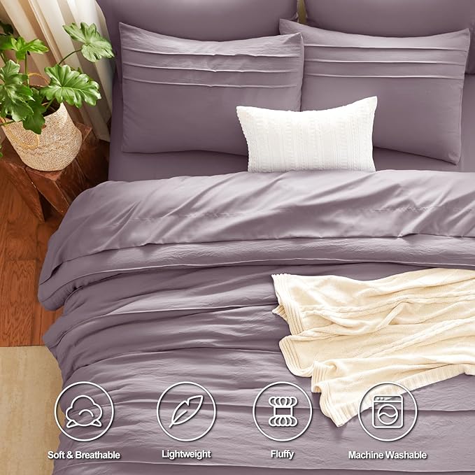 CozyLux Queen Comforter Set Dusty Purple, 7 Pieces Soft Pinch Pleat Bed in a Bag Queen Comforter Set with Sheets, Boho Bed Set with Down Alternative Comforter, Sheets, Pillowcases & Shams