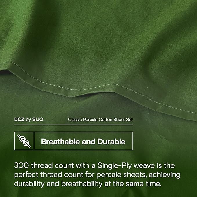 DOZ 100% Long Staple Cotton Sheet Sets, Classic Crisp Percale Weave, Breathable, Matte Finish, Hotel Style, Durable, 3pc – 2 Pillowcases 1 Fitted (Forest, Cal King)