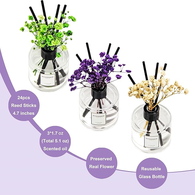 Reed Diffuser Set of 3 Pack,Lavender Eucalyptus/White Jasmine/Lemongrass Scented Oil Diffuser with 24 Sticks(1.7 fl oz Each Pack),Air Freshener for Bedroom Bathroom Office | Shelf Decor