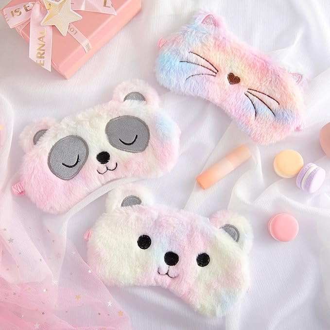 Geyoga 3 Pcs Sleep Mask for Kids, Girls Plush Sleeping Eye Cover Soft Eye Blindfold Cover Animal Shade for Kids(Colorful,Cat, Bear, Panda Style)