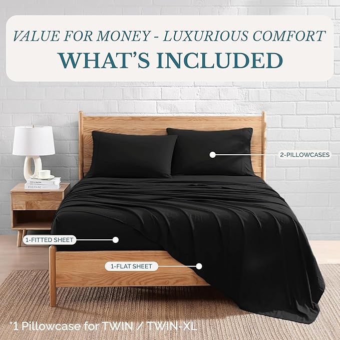 Casa Platino California King Sheets, 4 Piece Set, Pre-Washed Ultra Soft Bed Sheets Set, Brushed Microfiber Bedding Sets, Size Sheet with 15 inch Deep Pockets - Black