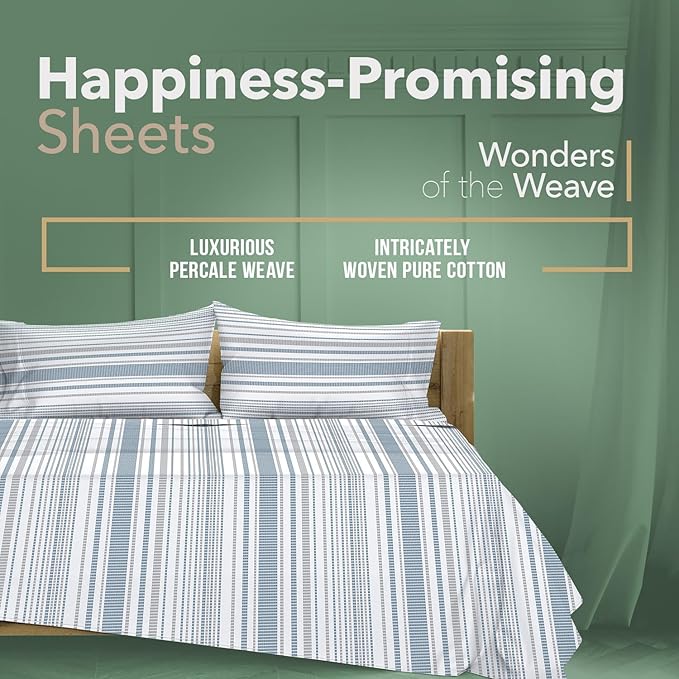 TEXAS LINEN CO. 100% Organic Cotton Printed Sheets Twin Size - 3 PC Organic Cotton Percale Sheets Twin Set (Dotted Stripe), Cooling Sheet for Dorm Room, 16" Deep Pocket Hotel Bedding - GOTS Certified