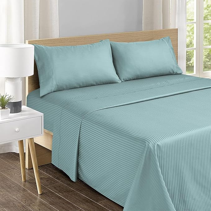 Feather & Stitch 500 TC Full Size Bed Sheet Set, 100% Cotton Soft Breathable Bedsheets, 4 Piece 18" Deep Pockets Sateen Weave Striped Bedding Mattress Resort Hotel Luxury - (Granite Green Stripe)