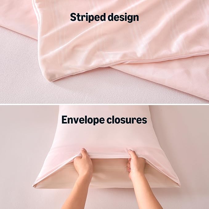 Amazon Basics Stripe Cooling Pillow Cases for Hot Sleepers, Soft Cooling Pillow Covers with Envelope Closure, 20" x 30", Queen, Pink, Pack of 2