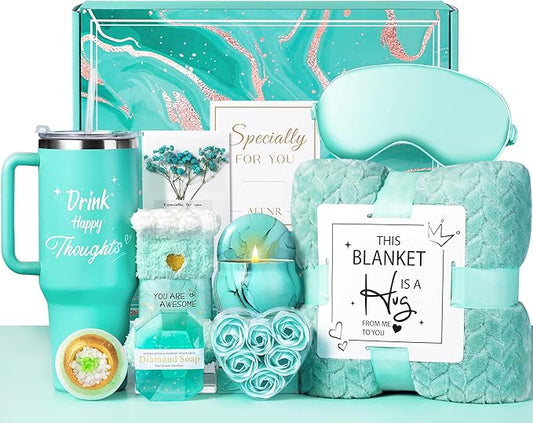 Birthday Gifts for Women, Mothers Day Spa Gifts for Mom from Daughter, Self Care Get Well Soon Gift Baskets for Her Sister Wife Girlfriend Ocean Relaxing Spa Care Package w/Blanket 40 OZ Tumbler