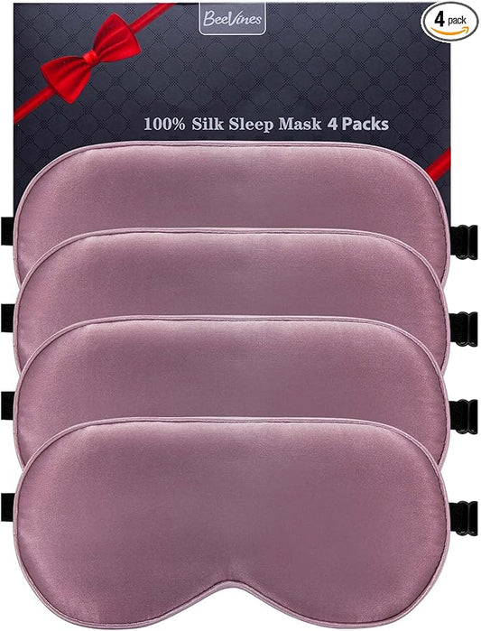 BeeVines Sleep Mask, 4 Packs 100% Real Natural Pure Silk Eye Masks with Adjustable Strap for Sleeping, Mulberry Silk Eye Sleep Shade Cover, Block Light Reduces Puffy Eyes Traveling Gifts(Ruby Purple)