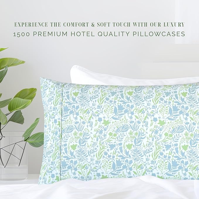 Elegant Comfort Ultra Soft Set of 2 Floral Print Pillowcases - 1500 Premium Hotel Quality Microfiber, Soft and Smooth Envelope Closure 2-Piece Pillow Covers - Standard/Queen, Green Anita