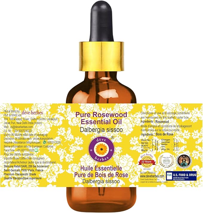 Deve Herbes Pure Rosewood Essential Oil (Dalbergia Sissoo) with Glass Dropper Steam Distilled 10ml (0.33 oz)