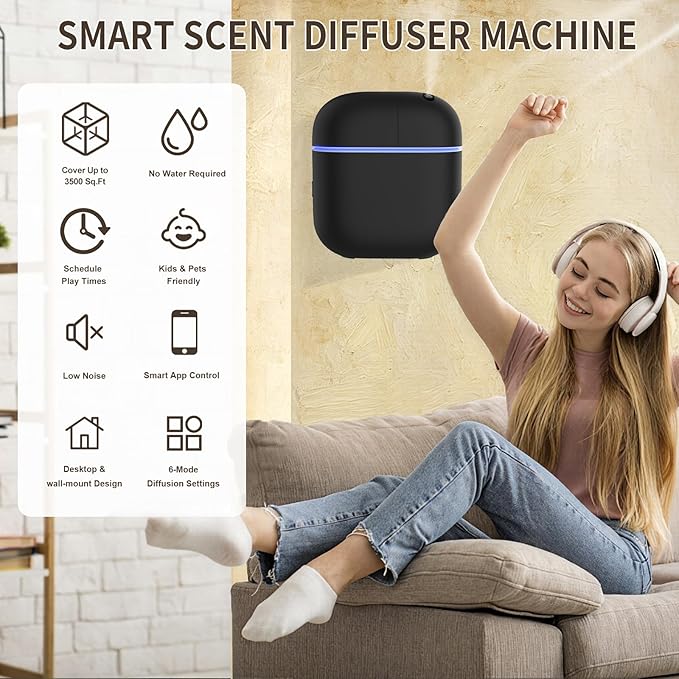 Hotel Scent Diffuser Kit for Home, Includes 2 Premium Oils, Waterless Essential Oil Aromatherapy Diffuser Cover 3500 Sq.ft. App Control,Powerful Nanotechnology System for Large Room Office Spa-Black