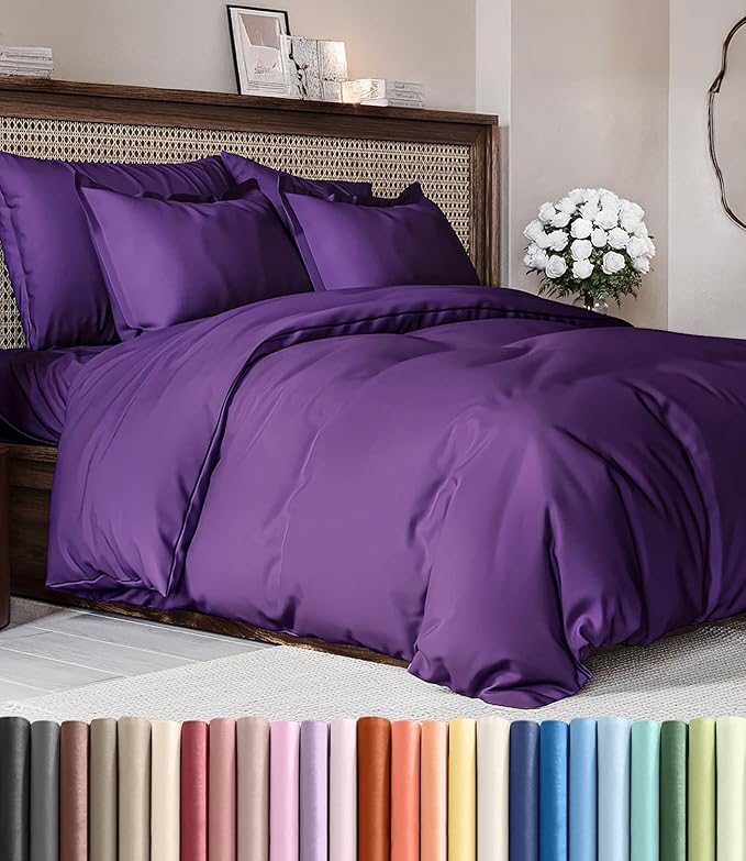 Duvet Cover Cal King Size Set - Extra Soft Cal King Duvet Cover 104" x 98" with 2 Pillow Shams - Hotel Luxury, Easy Care & Fade Free with Zipper Closures and Ties - Comfy, Cozy & Breathable (Purple)