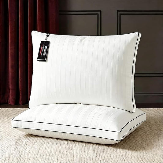 Blue Ridge Home Fashions Luxury Hotel Collection Bed Pillows King Size Set of 2, Soft Medium 500 Thread Count Damask Stripe Embroidered 100% Cotton Cover, Gusseted Down Alternative