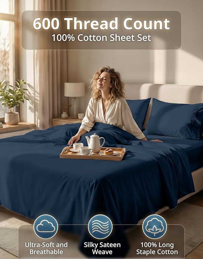 LANE LINEN California King Sheets Set - 600 Thread Count Premium Sateen Weave - Extra Soft & Breathable 100% Cotton Sheets for Master Bedrooms - 15'' Deep Pocket for Snug Fit to Your Mattress - Denim