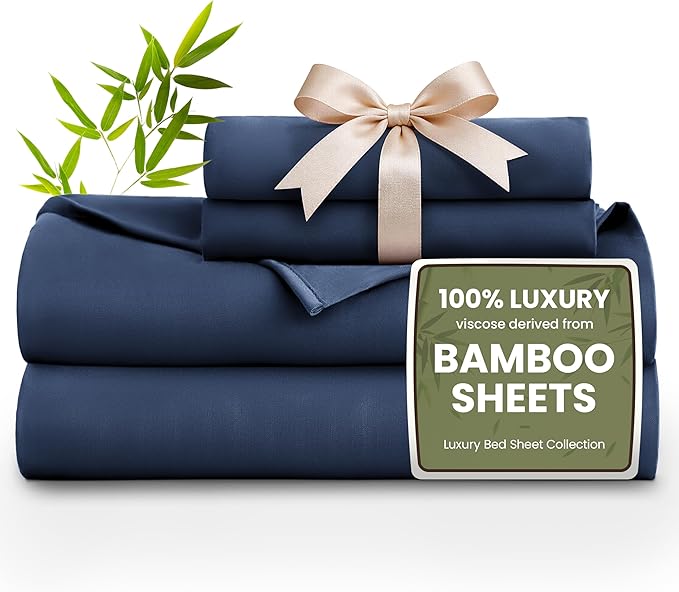 Love's cabin 4 Piece Full Size Sheet Set, 100% Rayon Derived from Bamboo, Cooling & Breathable, Soft Silky Deep Pocket up to 16", Hotel Luxury Bedding for Hot Sleepers, Navy