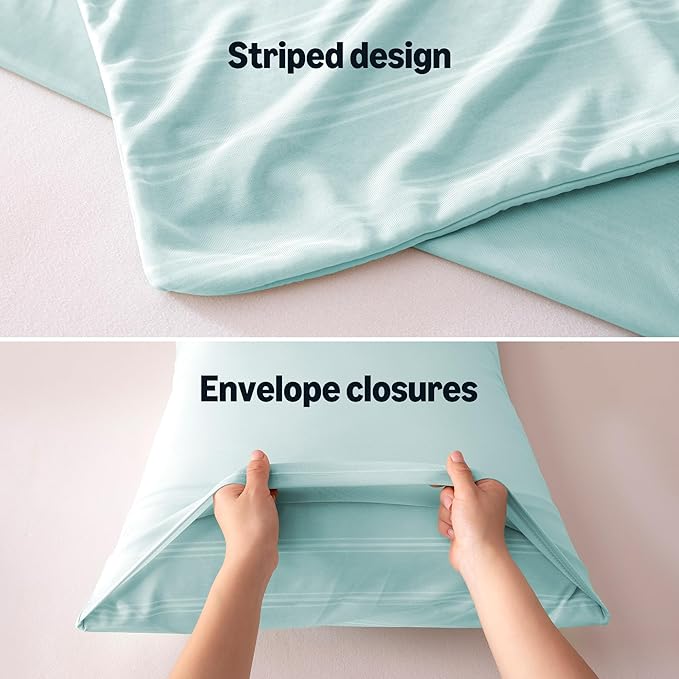 Amazon Basics Stripe Cooling Pillow Cases for Hot Sleepers, Soft Cooling Pillow Covers with Envelope Closure, 20" x 36", King, Cyan, Pack of 2