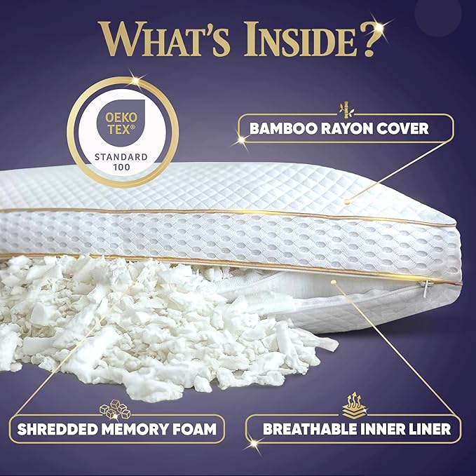 Royal Therapy King 2-Pack Memory Foam Pillow, Adjustable Shredded Odor-Free Pillow for Neck & Shoulder Pain Relief, Support for Back, Stomach, Side Sleepers BioForm
