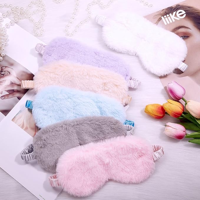 SATINIOR 12 Pieces Plush Eye Mask Soft Sleeping Blindfold Fluffy Eye Cover for Girls and Adult Party Favors