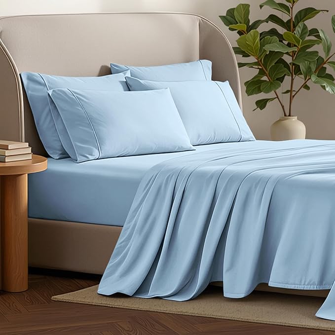 Bare Home Hotel Luxury Queen Sheet Set, Extra Soft - 6 Piece Set - Deep Pockets - Easy Fit - Cooling & Breathable - Wrinkle, Fade, Stain Resistant - Includes 4 Pillowcases (Queen, Light Blue)