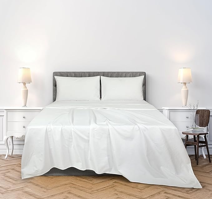 Royale Linens 300 Thread Count 100% Long Staple Combed Cotton Stripe Sheet Set - 4 Piece Queen Bed Sheets - 1 Fitted, 1 Flat & 2 Pillow cases - Soft Cool & Crisp Sheet Set (Queen, Narrow Stripe White)