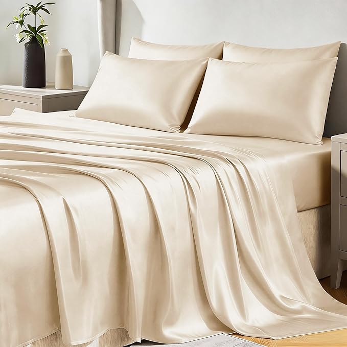 CozyLux Satin Sheets Full Size Sheets - 6 Piece Silky Full Size Bed Sheets, Luxury Champagne Full Bed Set with Smooth and Soft Microfiber, Includes 1 Fitted Sheet, 1 Flat Sheet and 4 Pillowcases