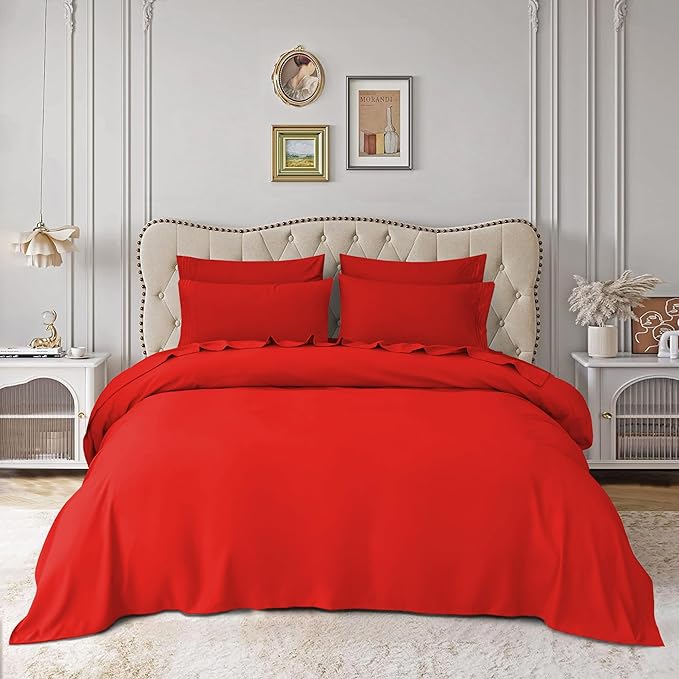 Mocassi Luxury California King 4-Piece Sheet Set - 1800 Premium Hotel Quality - Easy-Fit, Wrinkle, Fade Resistant Bed Sheets and Pillowcases - All Around Elastic Fitted Sheet, Deep Pocket, Red