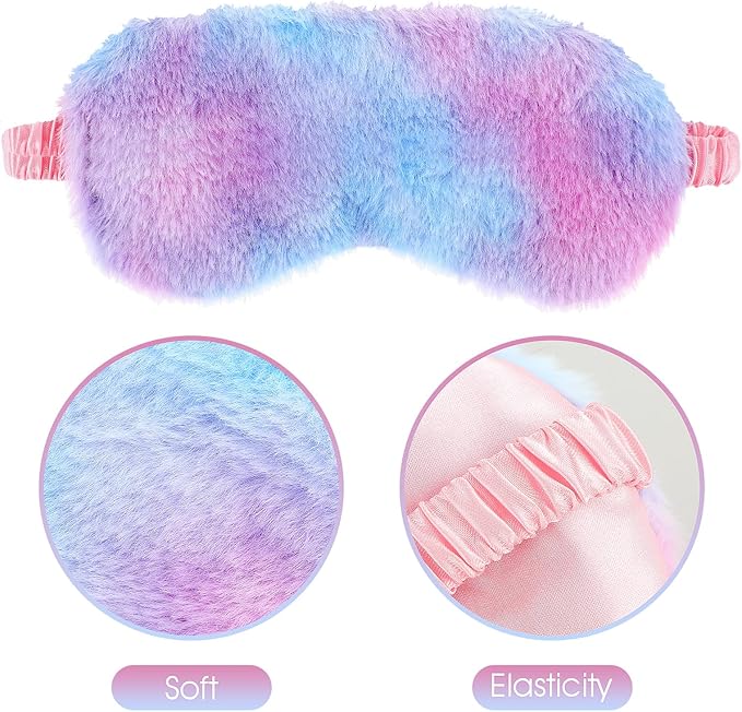2 Pack Plush Sleeping Eye Mask Soft Plush Eye Mask Fuffy Eye Cover Comfortable Sleep Mask Blindfold Rainbow Faux Fur Eye Shade for Women, Men and Kids Travel Nap Sleeping