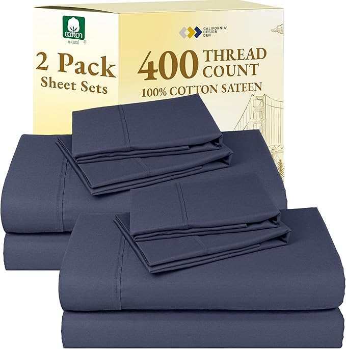 California Design Den 2-Pack Sheet Sets Queen Size - 400 Thread Count 100% Cotton Sateen - Soft and Breathable Sheets, 2 Sets of Deep Pocket Bed Sheets - Indigo Dusty Blue