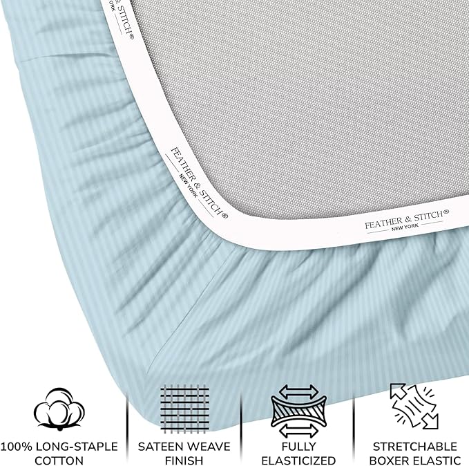 Feather & Stitch 500 TC Full Size Damask Bed Sheet Set, 100% Cotton Soft Breathable Bedsheets, 4 Piece 18" Deep Pockets Sateen Weave Striped Bedding Mattress Resort Hotel Luxury- (Aqua Stripe)