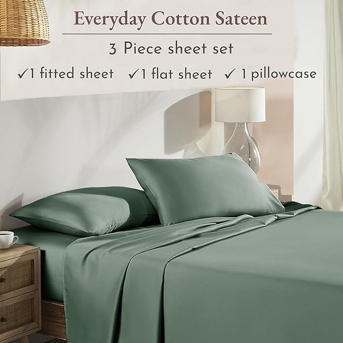 California Design Den Twin Sheet Set - Natural 100% Cotton Sheets with 12" Pockets, Soft Sateen Weave, Breathable and Durable Bedding Set for Dorm Rooms, College Pine Green