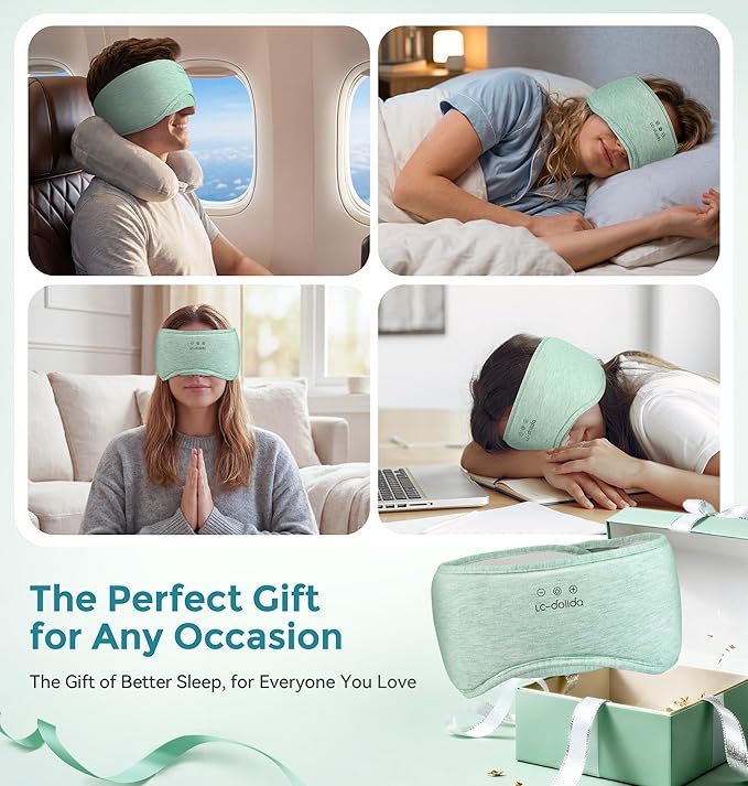LC-dolida Sleep Masks with Bluetooth Headphones, Soft Seaweed Fiber Cotton Bluetooth Sleep Mask, Total Blackout Fully Wrapped Sleep Mask for Side Sleepers, Travel Meditation Gift, Green