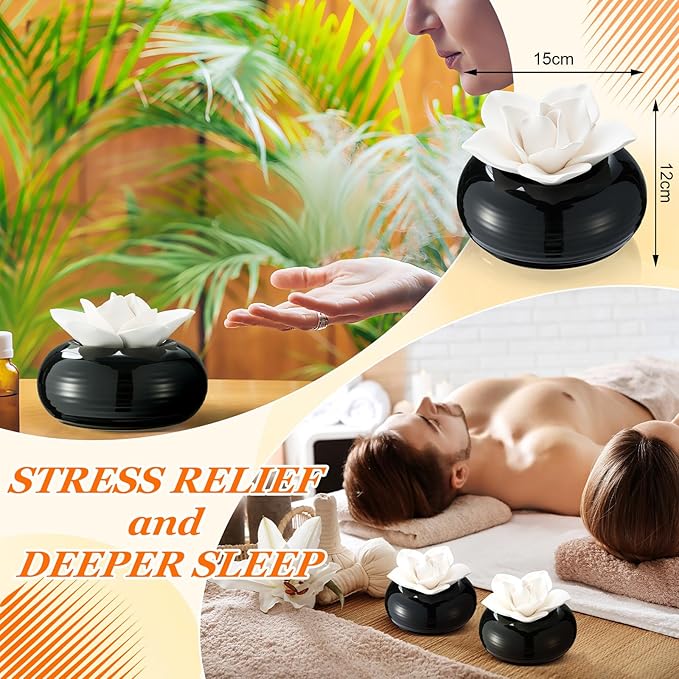 Honeydak 1 Pcs Reedless Ceramic Diffuser Set, Porcelain White Flower Aromatherapy Essential Oil Diffuser for Home Office Bathroom Tabletop Decor, Non-Electric, Valentines Day Gift (White Lotus)