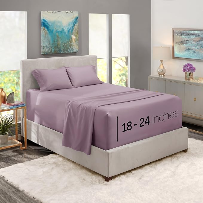 Nestl California King Size Sheet Set, 4 Piece Extra Deep Pocket (18-24 inches), Microfiber, Hotel Luxury, Soft, Breathable, Wrinkle-Free, Easy to Care, Dusty Purple