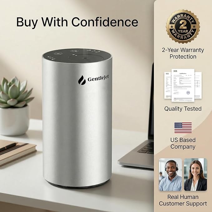 GentleJet LiteMist Waterless Nebulizing Essential Oil Diffuser – Cold Air Aromatherapy, USB-C Cordless 2000mAh Battery, Aluminum Portable for Home Office Car, 20ml