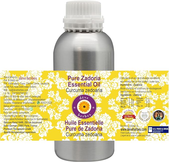 Deve Herbes Pure Zadoria Essential Oil (Curcuma zedoaria) Steam Distilled 300ml (10 oz)