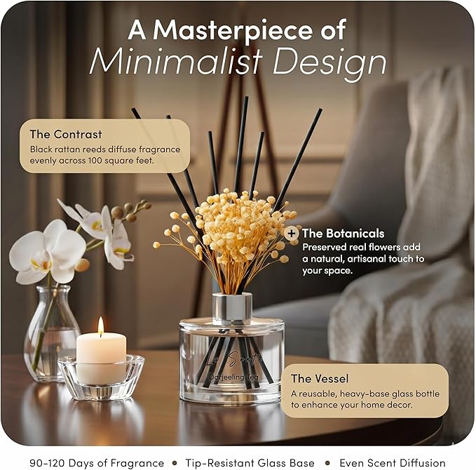 Reed Diffuser Set (6.7fl oz), Natural Darjeeling Tea Essential Oil Fragrance with Glass Bottle, Black Rattan Sticks & Preserved Flowers, Up to 120 Days Lasting Fragrance for Home & Office