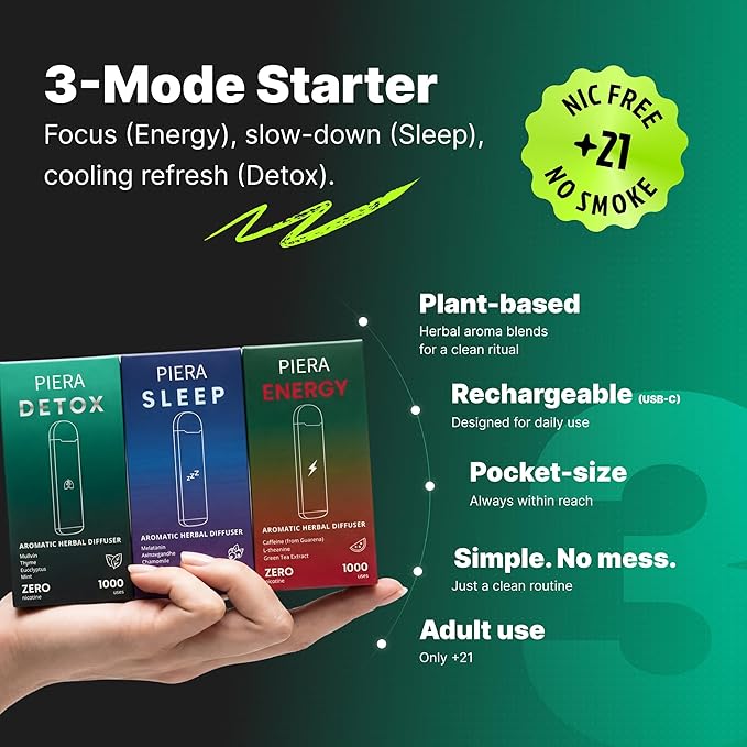 PIERA Herbal Diffuser Pen Starter Trio – Rechargeable Aromatherapy Set with 3 Plant-Based Blends (Sleep, Energy, Refresh) – Portable, Nicotine-Free – 1000 Uses Each – 3 Pack