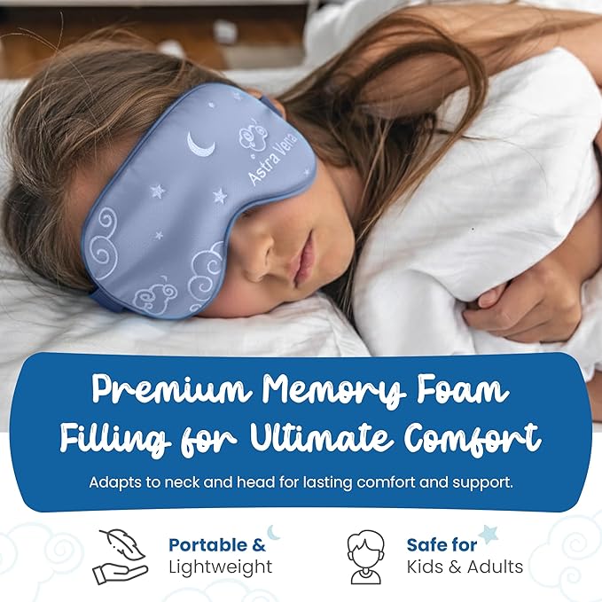 Child Travel Sleep Mask and Pillow Set - 2 in 1 Cute Character Design for Kids Rest, Naps and Relaxation. Soft Comfort with Bag Cover, Perfect for Flights, Car Trips 33cm (Blue)